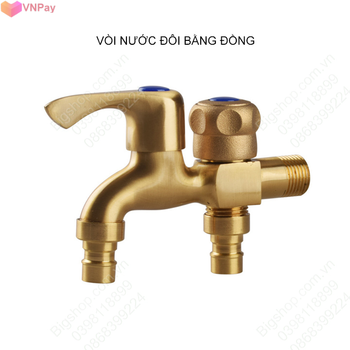 Vòi nước lạnh đôi gắn tường bằng đồng 1 vào 2 đầu ra có đầu cấp nước máy giặt
