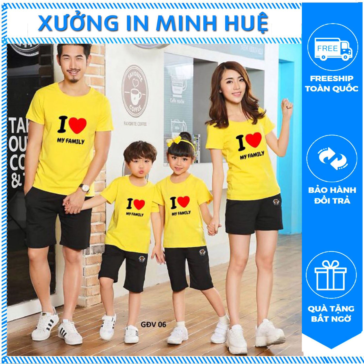 Áo thun gia đình I love my family xanh vàng đủ size phông suông 2 3 4 người