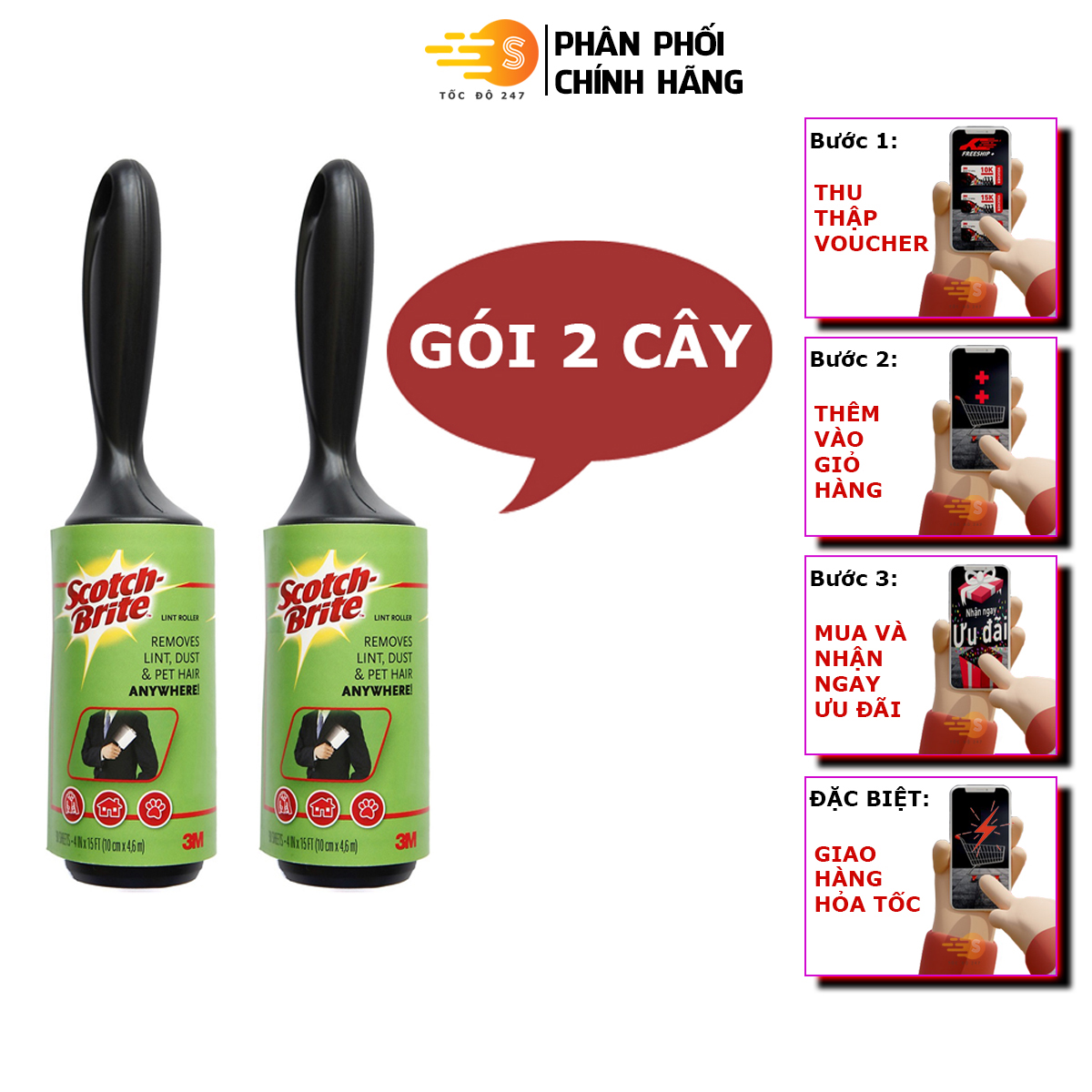 Cây lăn bụi siêu dính loại lớn 30 lớp Scotch-Brite 3M 836R-30 - Tốc độ 247 30 lớp làm sạch quần áo sofa hàng 3M cao cấp