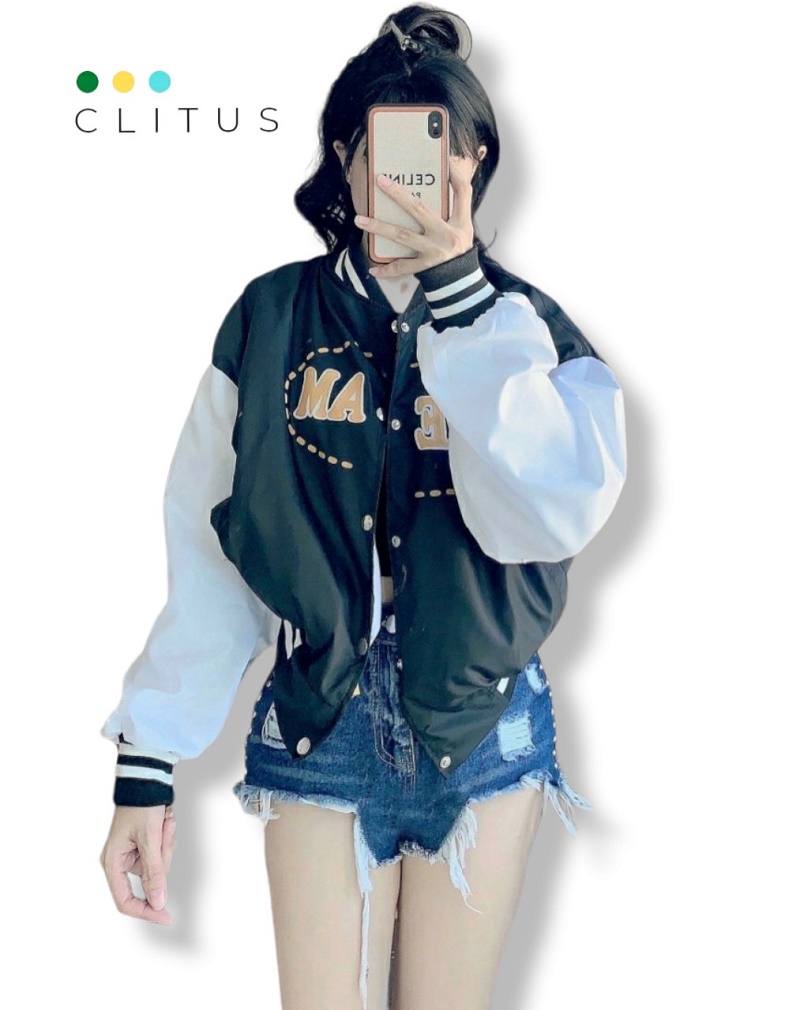 Áo Khoác Bomber Nữ Form Lỡ 2 Lớp Phối Tay Siêu Xịn - CLITUS FASHION