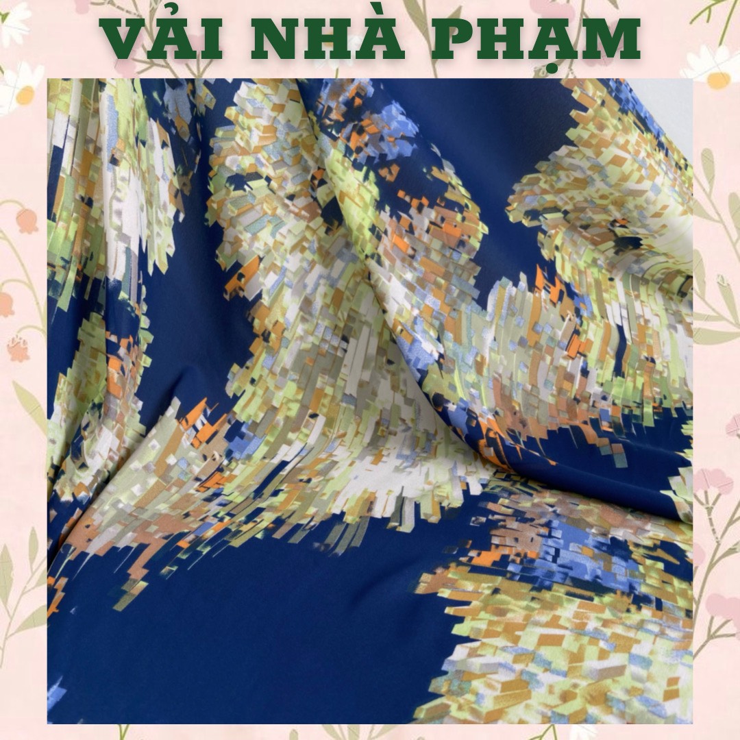Lụa cát họa tiết lập thể nền xanh đen-khổ 1.5m-vải nhà phạm
