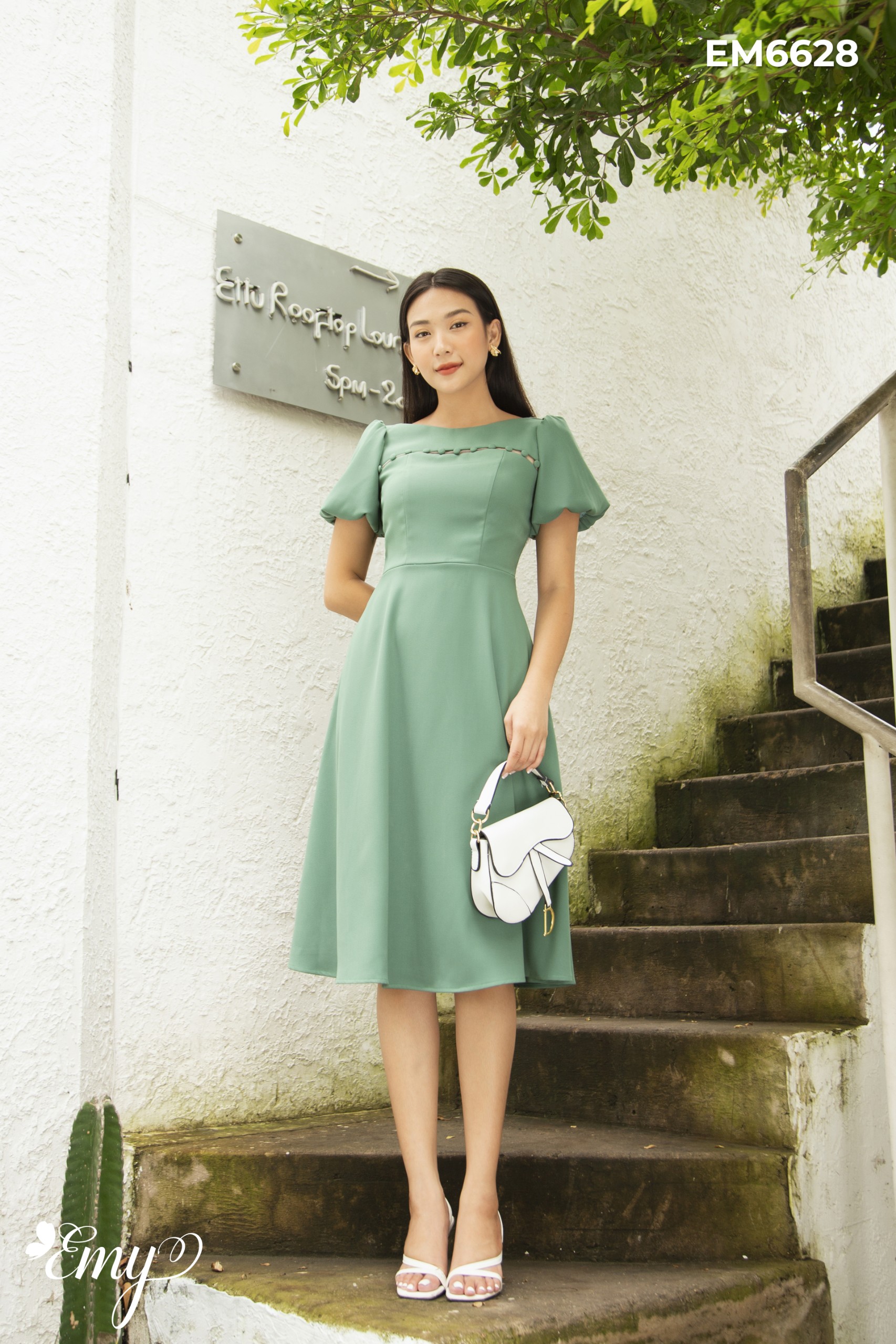Đầm EMY EM6628 Xoè Xanh Tay Phồng