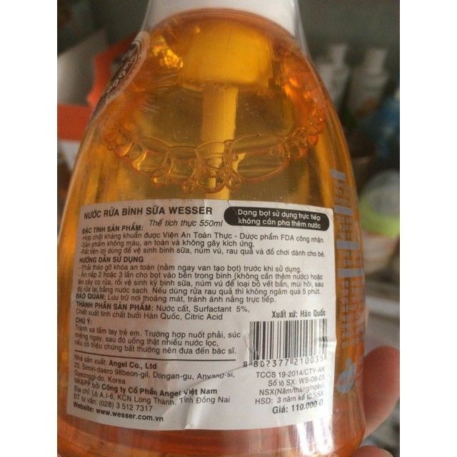 (Made In Korea) (Dạng Chai) Nước Rửa Bình Sữa Kháng Khuẩn 500ml Wesser