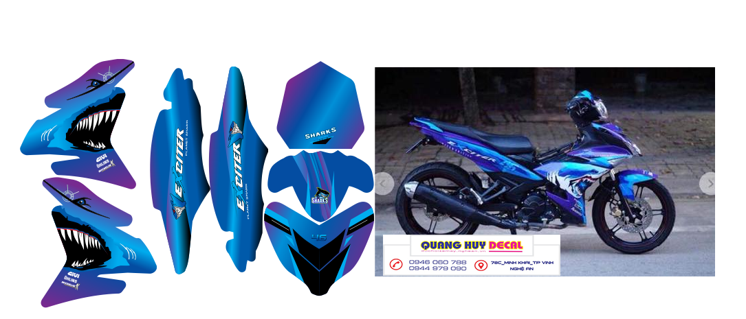 tem trùm xe exciter 150 cá mập shark xanh tím độ đẹp - Tem xe máy ex 150  làm theo yêu cầu - tem xe exciter 150 cá mập màu xanh tím đẹp rẻ