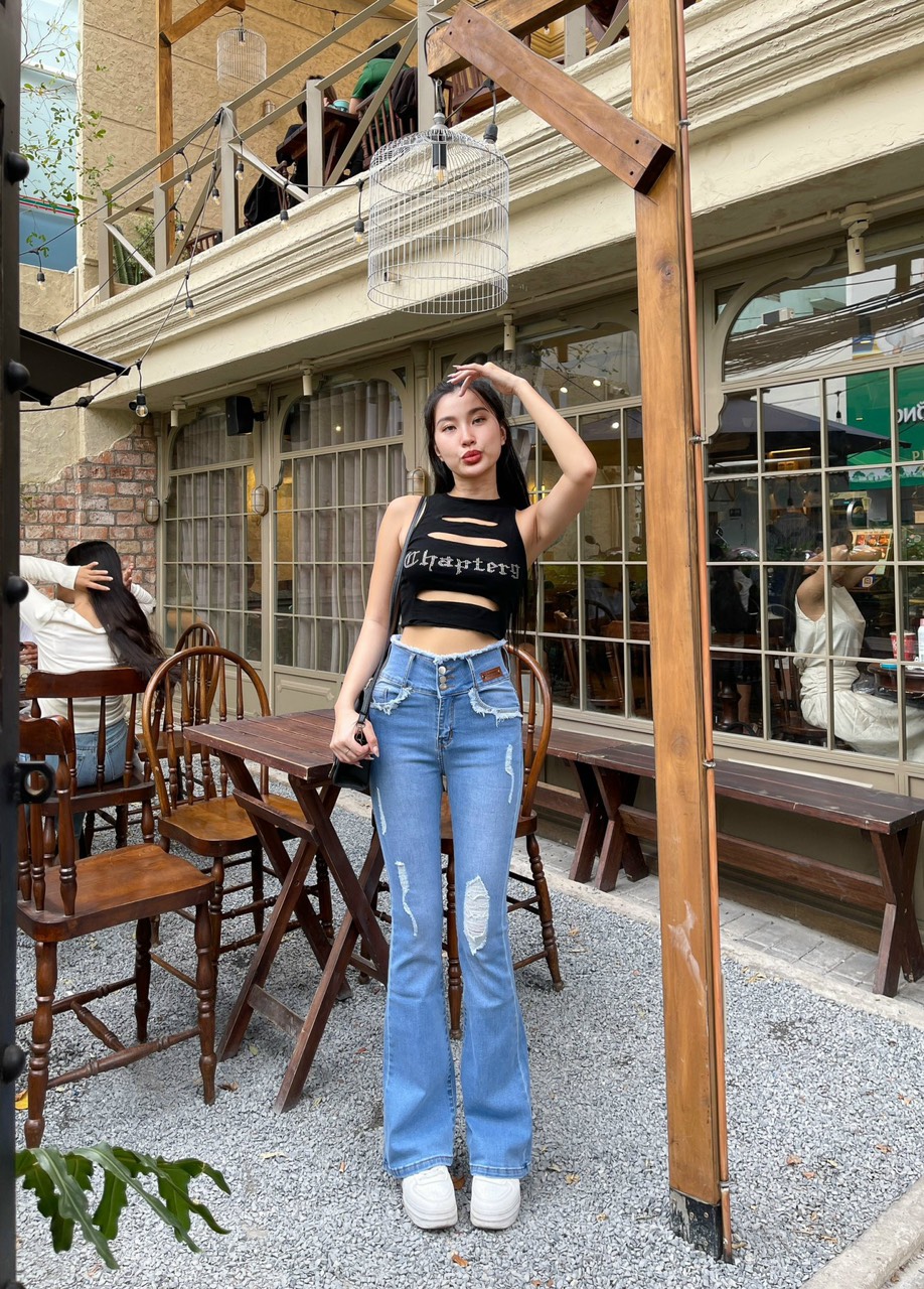 Quần Jeans Nữ Lưng Cao 3 Nút Lưng Tua CO Giãn