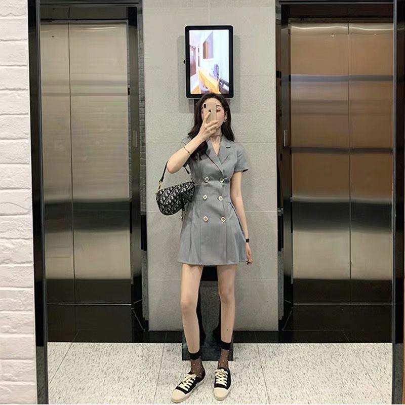 [HCM]Đầm xám cổ vest xếp li (kèm hình thật khách Bo chụp)