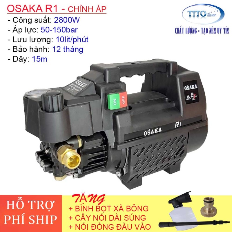 MÁY RỬA XE CHỈNH ÁP OSAKA R1 - 2800W - dây cao áp 15m - tặng bình bọt xà bông và cây nối dài - bảo hành 12 tháng