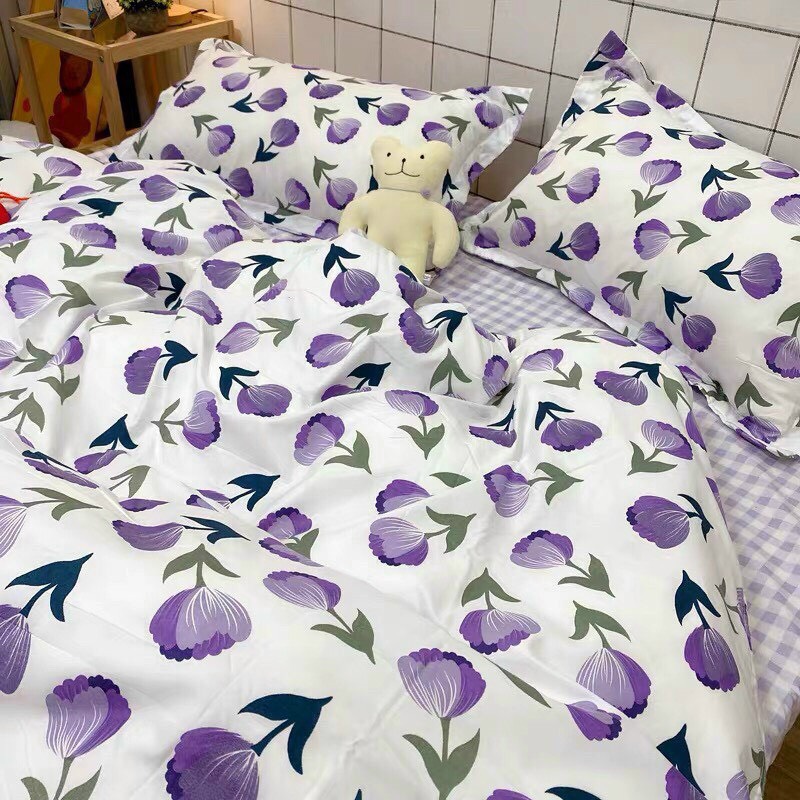 Bộ Chăn Ga Gối Cotton Poly - Hoa Tím ( 1 Drap + 2 Vỏ Gối Nằm + 1 Vỏ Chăn ) Tiệm Nhà Cá