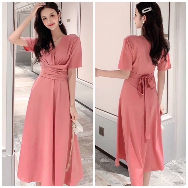 Đầm hồng ruốc form dài chéo eo
