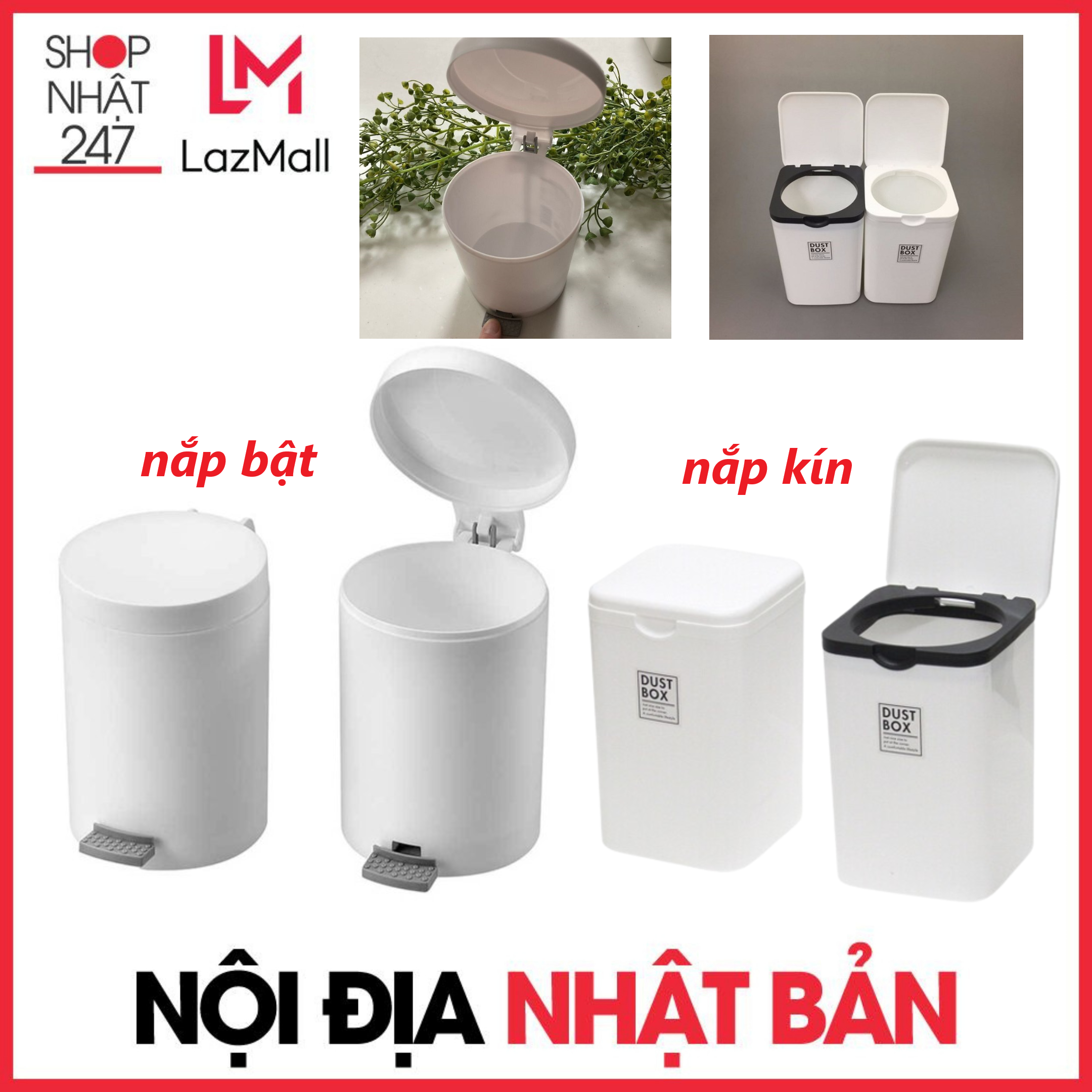 Thùng đựng rác mini bằng nhựa cao cấp Inomata dạng nắp bật và nắp kín nội địa Nhật Bản