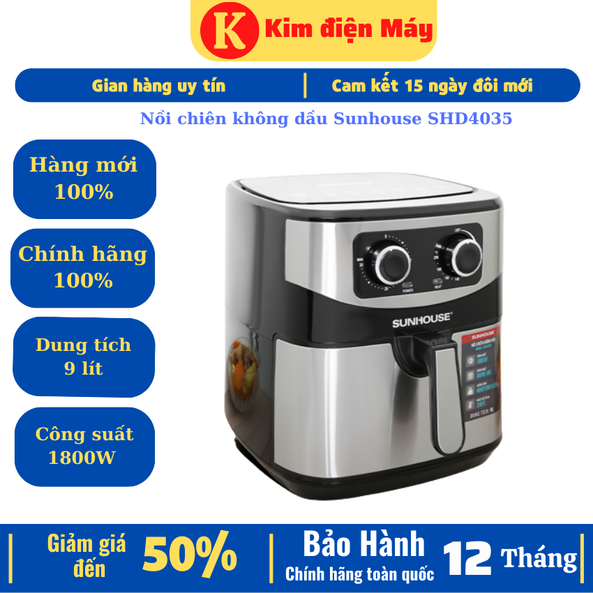 Nồi chiên không dầu Sunhouse SHD4035-nồi chiên không dầu điều khiển cơ 9 lít-1800W tiết kiệm điện-bảo hành 12 tháng toàn quốc