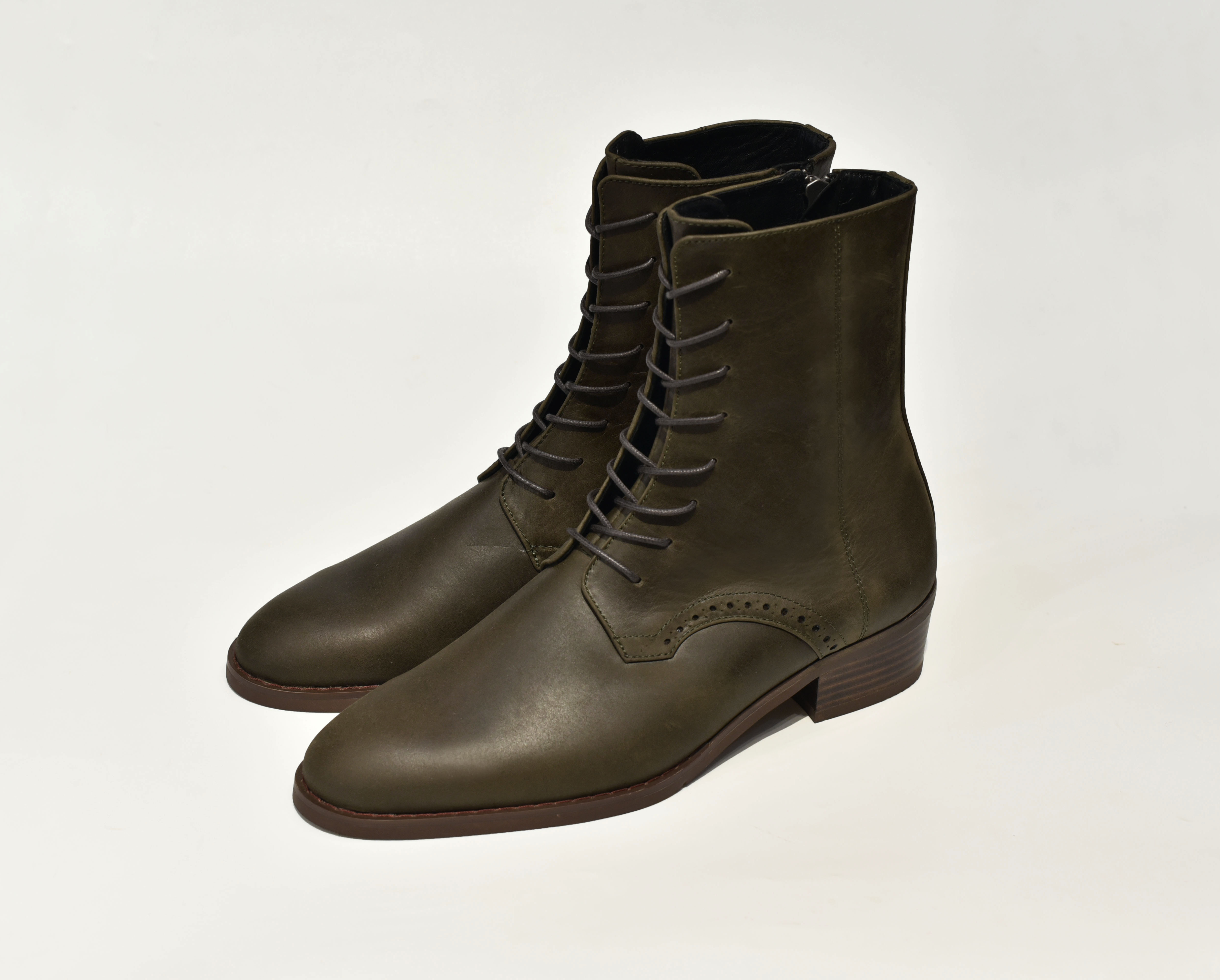 [TATHANIUM Footwear] Giày zip boot cột dây màu xanh rêu da bò pullup
