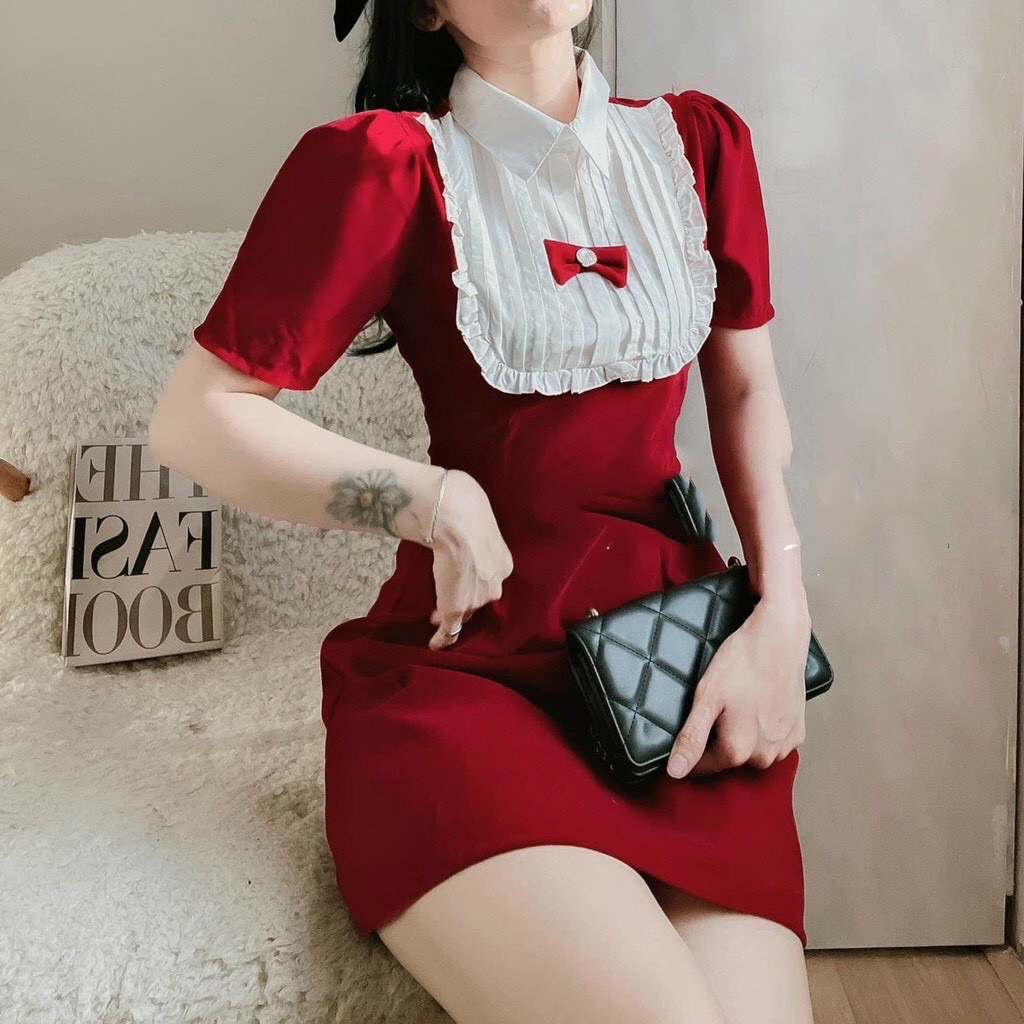 Váy đầm nữ dự tiêc thiết kế sang trọng có nơ chất liêu nhung đẹp