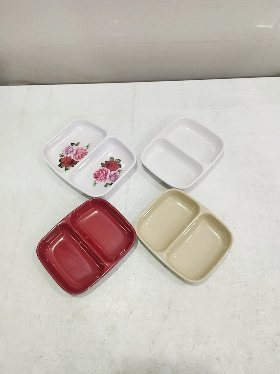 dĩa đựng gia vị melamine, dĩa chấm 2 ngăn màu nâu