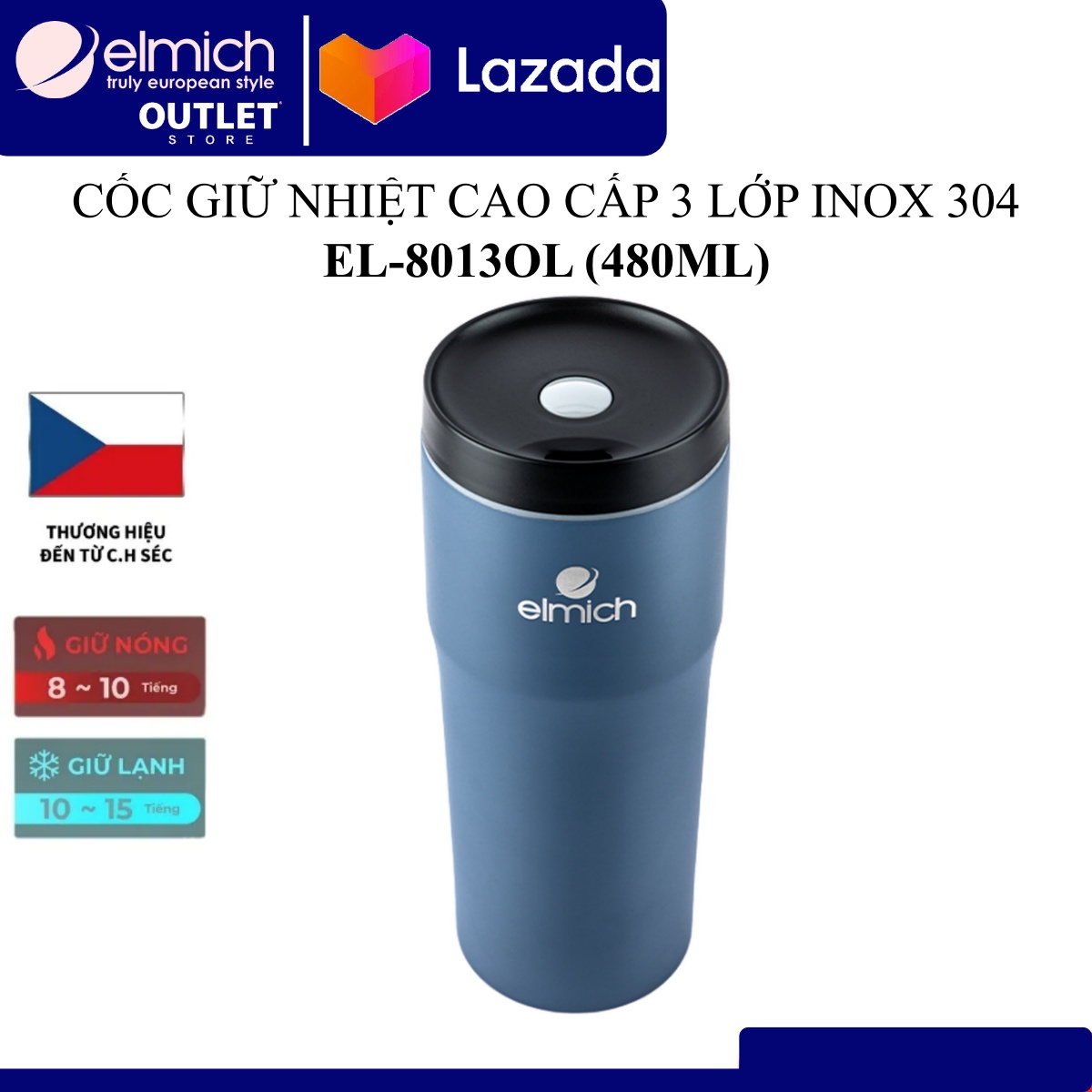 Cốc giữ nhiệt inox 304 Elmich EL-8013OL (Dung tích 480ml - Mầu Xanh - Giữ Nóng 8h, Giữ Lạnh 12h)