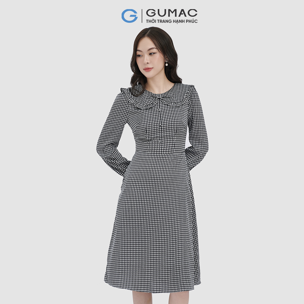 Đầm lụa họa tiết bâu nơ cổ lá GUMAC DC09092
