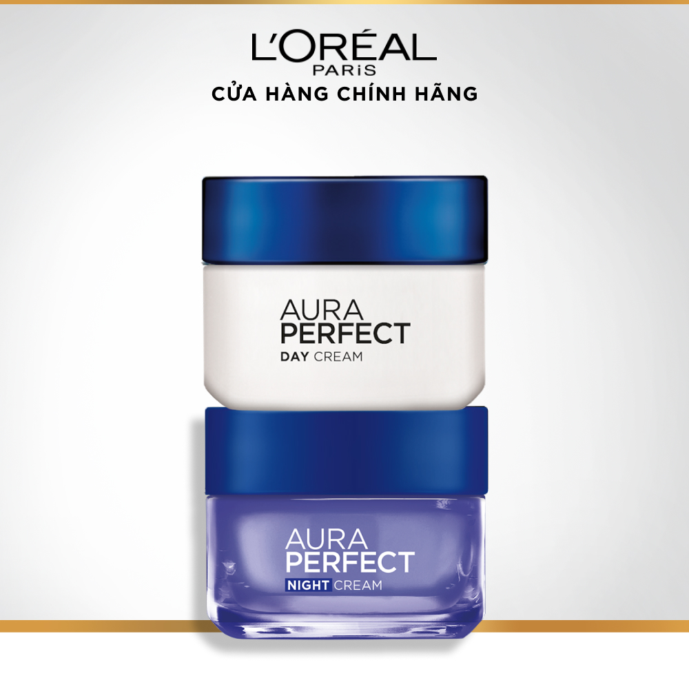 Bộ dưỡng da trắng mượt đều màu kem ngày và kem đêm L'Oréal Paris Aura Perfect 50ml x 2