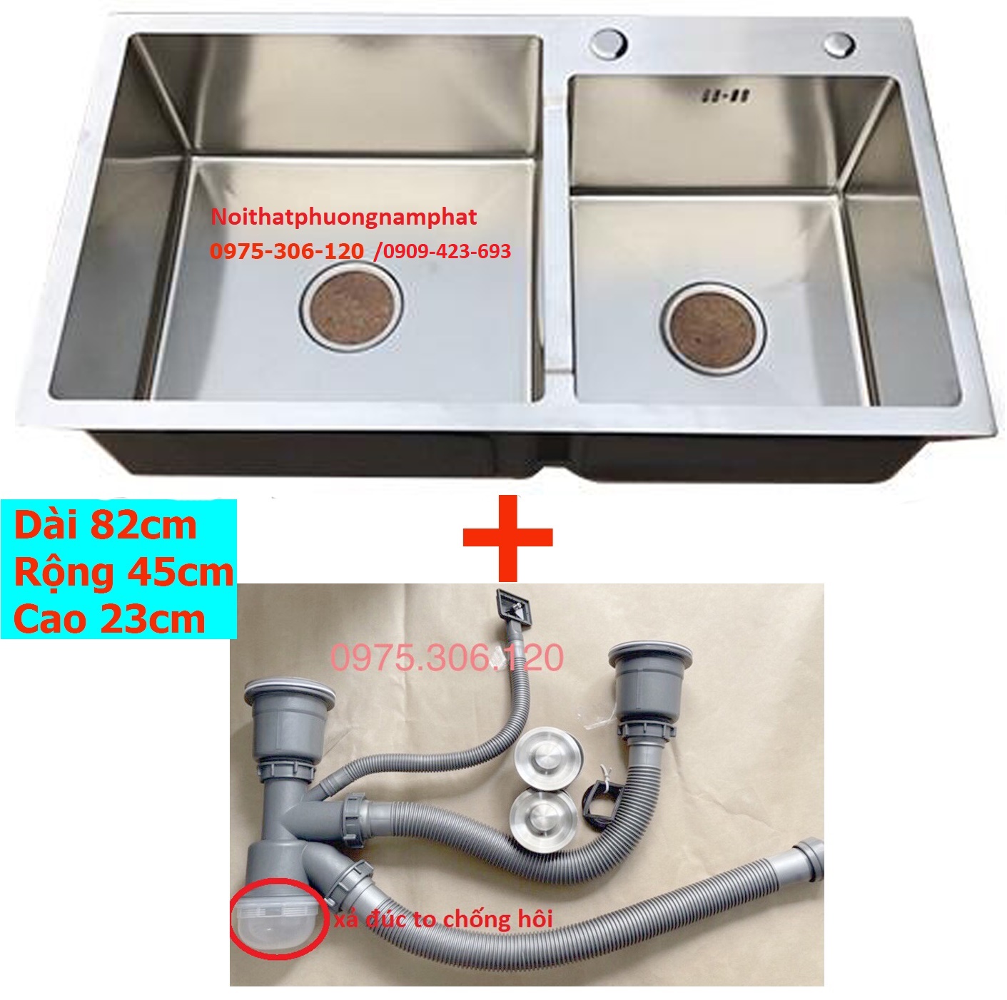 Chậu Rửa Chén Bát INOX SUS 304 N7 8245 NA.GRAND và Bộ Xả Chậu Thoát Nước CHẬU ĐÚC THỦ CÔNG bồn rửa chén inox