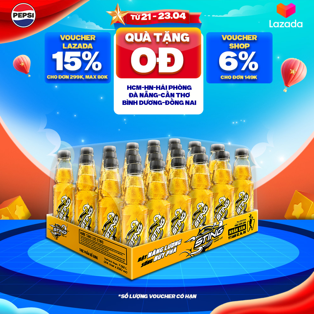 Thùng 24 Chai Nước Tăng Lực Sting Vàng (330ml/chai)
