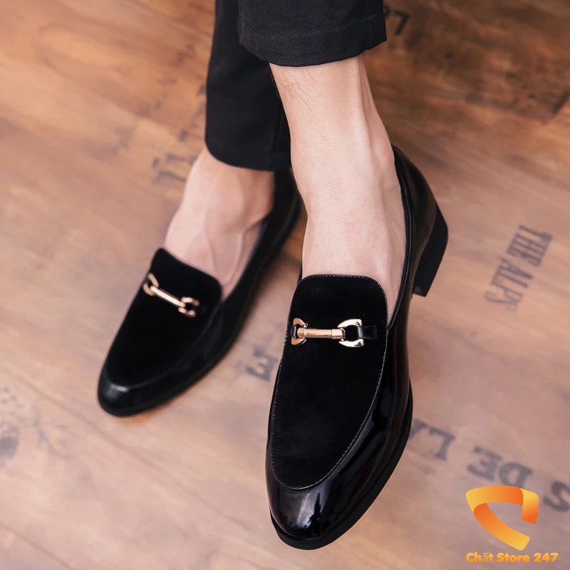 Giầy lười da bóng pha da lộn nam