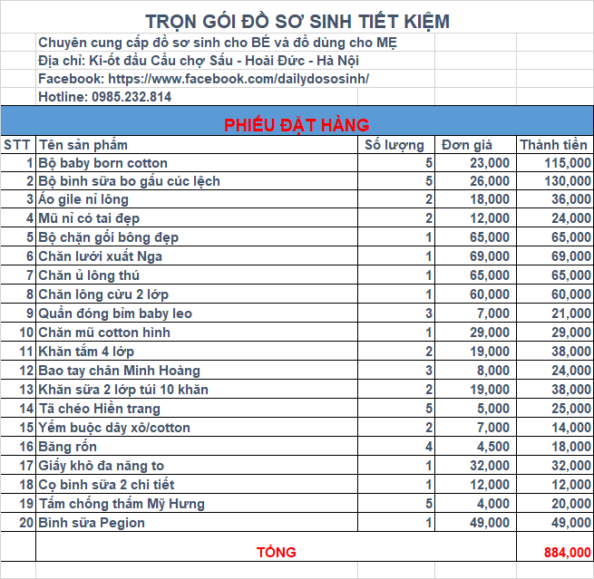 TRỌN GÓI ĐỒ SƠ SINH CHO BÉ GÓI 880K