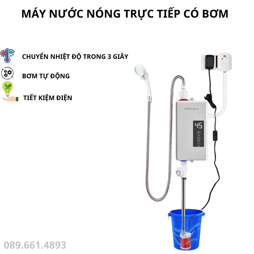 Máy nước nóng trực tiếp, bình nóng lạnh trực tiếp,máy nước nóng KÈM BƠM có vòi sen công suất 3400W làm nóng nhanh với 3 giây, tiết kiệm điện, có chống giật an toàn, màn hình kỹ thuật số thông minh