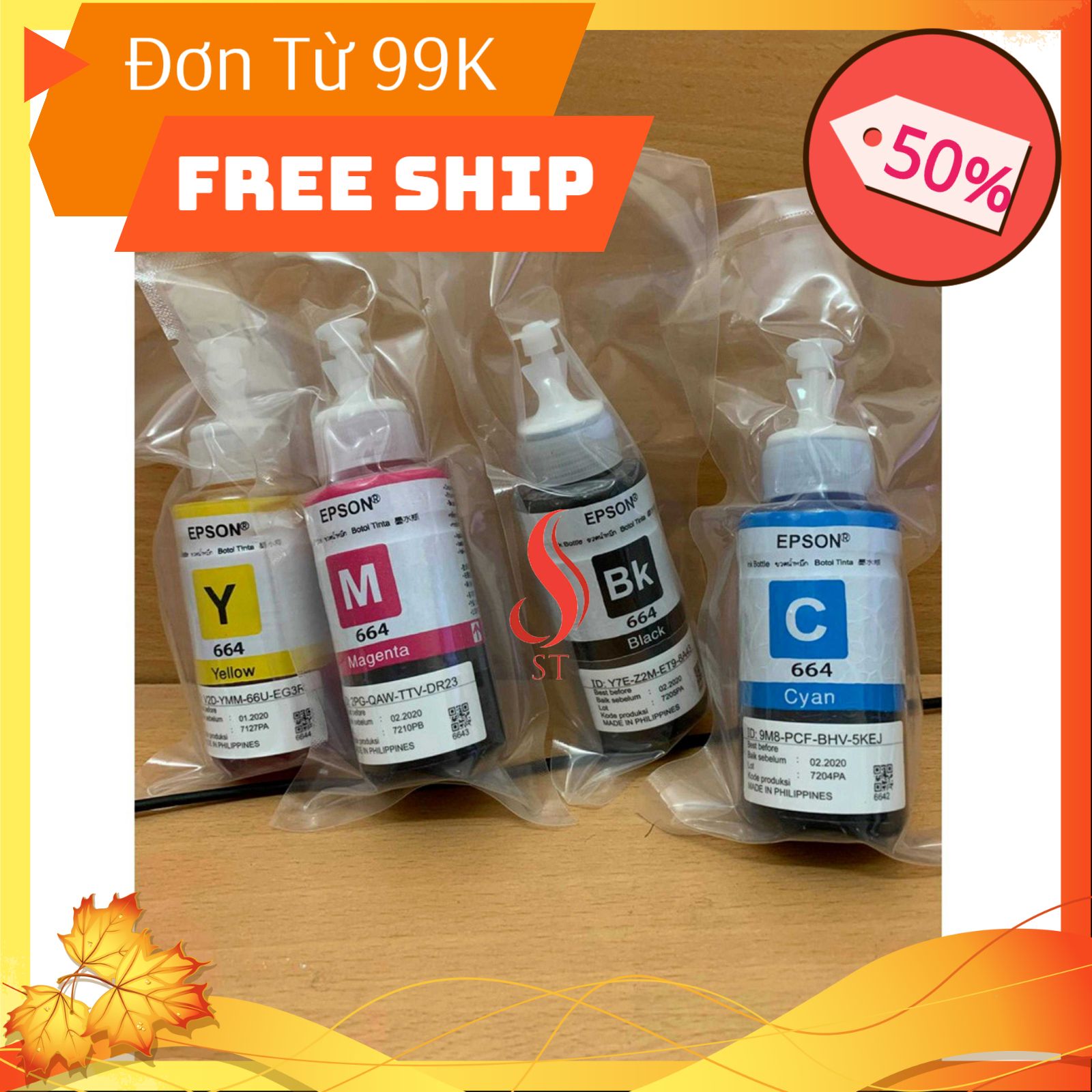 [NEW] Bộ mực in 4 màu mã 664 ❤️FREESHIP❤️ dùng cho Epson L110,L120, L210,L220, L300,L310, L350 Hàng Bóc Máy Zin