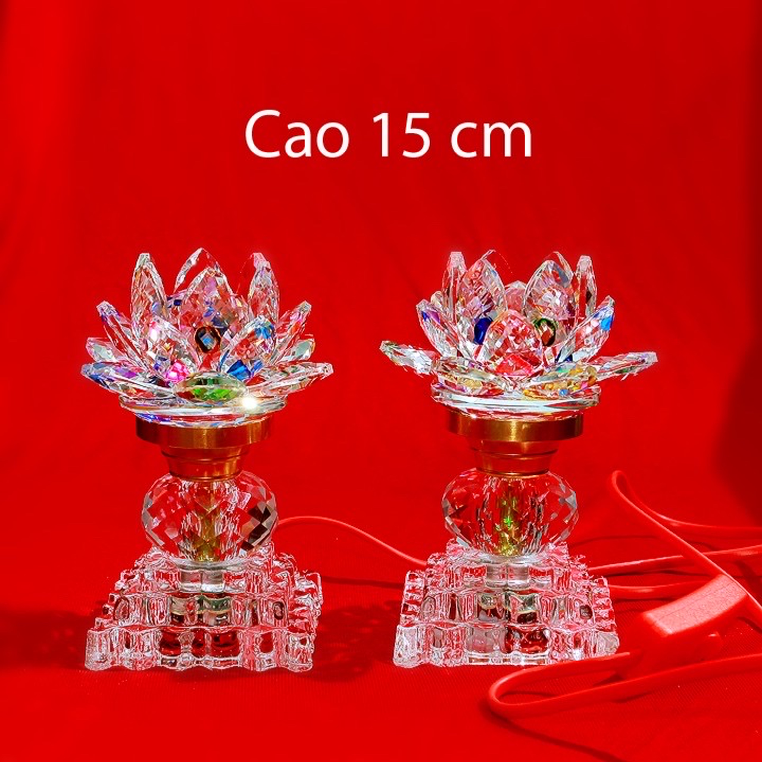 Cặp đèn thờ đá pha lê cao cấp Led tự động đổi 7 màu cao 15cm