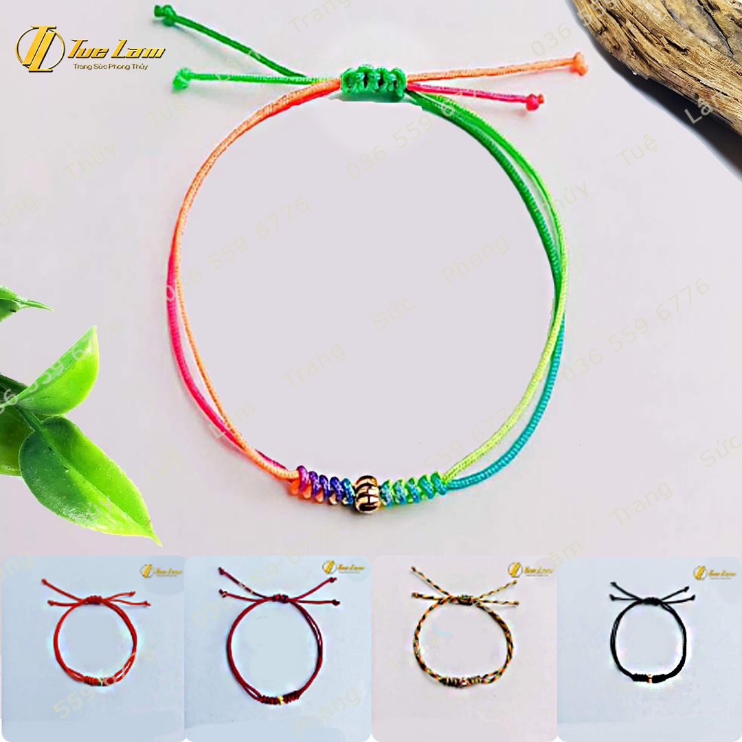 Vòng Tay May Mắn Nữ Dây Chỉ Đủ Màu Bện Bi Vàng Khía - Tuệ Lâm