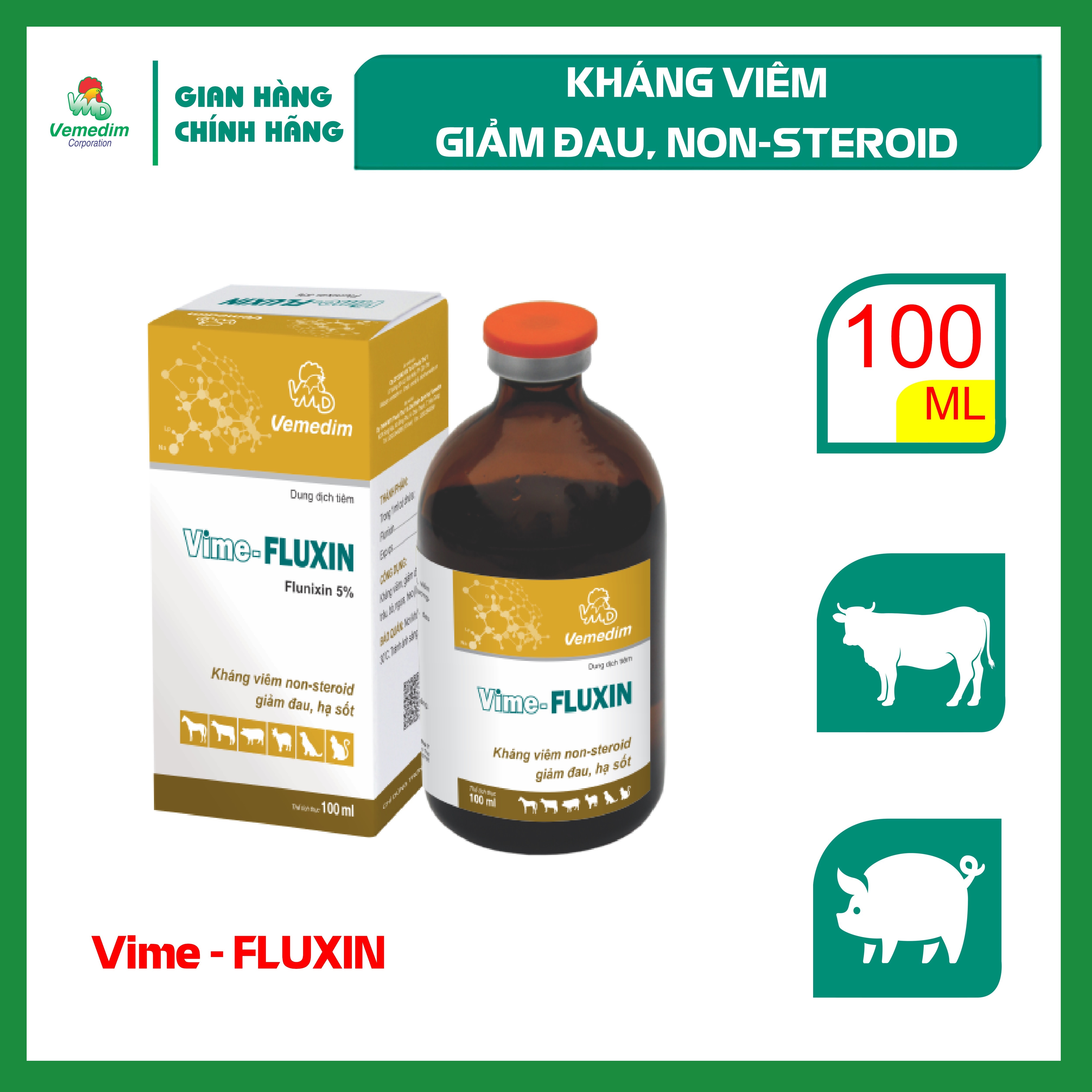 "Hoàn tiền đến 10%" Vemedim Vime-Fluxin dùng cho heo, trâu, bò, ngựa khi nóng sốt, giảm đau, chai 100ml