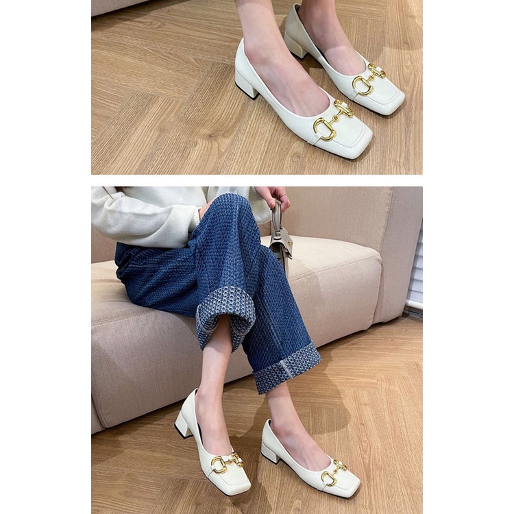 [Hoàn Tiền 15%]Giày búp bê mũi vuông đính khuy 3p