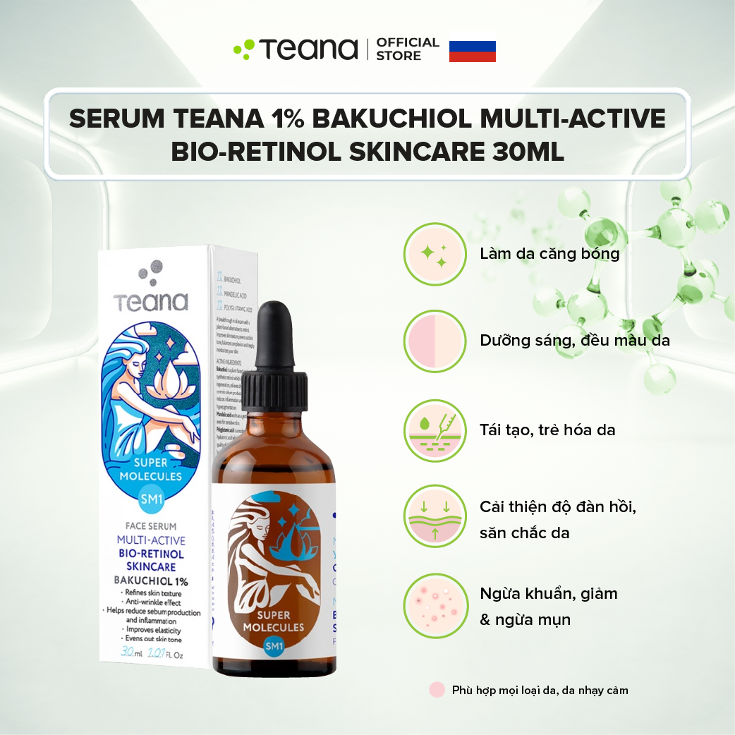 Combo Teana căng bóng, trẻ hoá da (Peel Teana Blue Retinol + Serum Teana SM1 1% Bakuchiol)