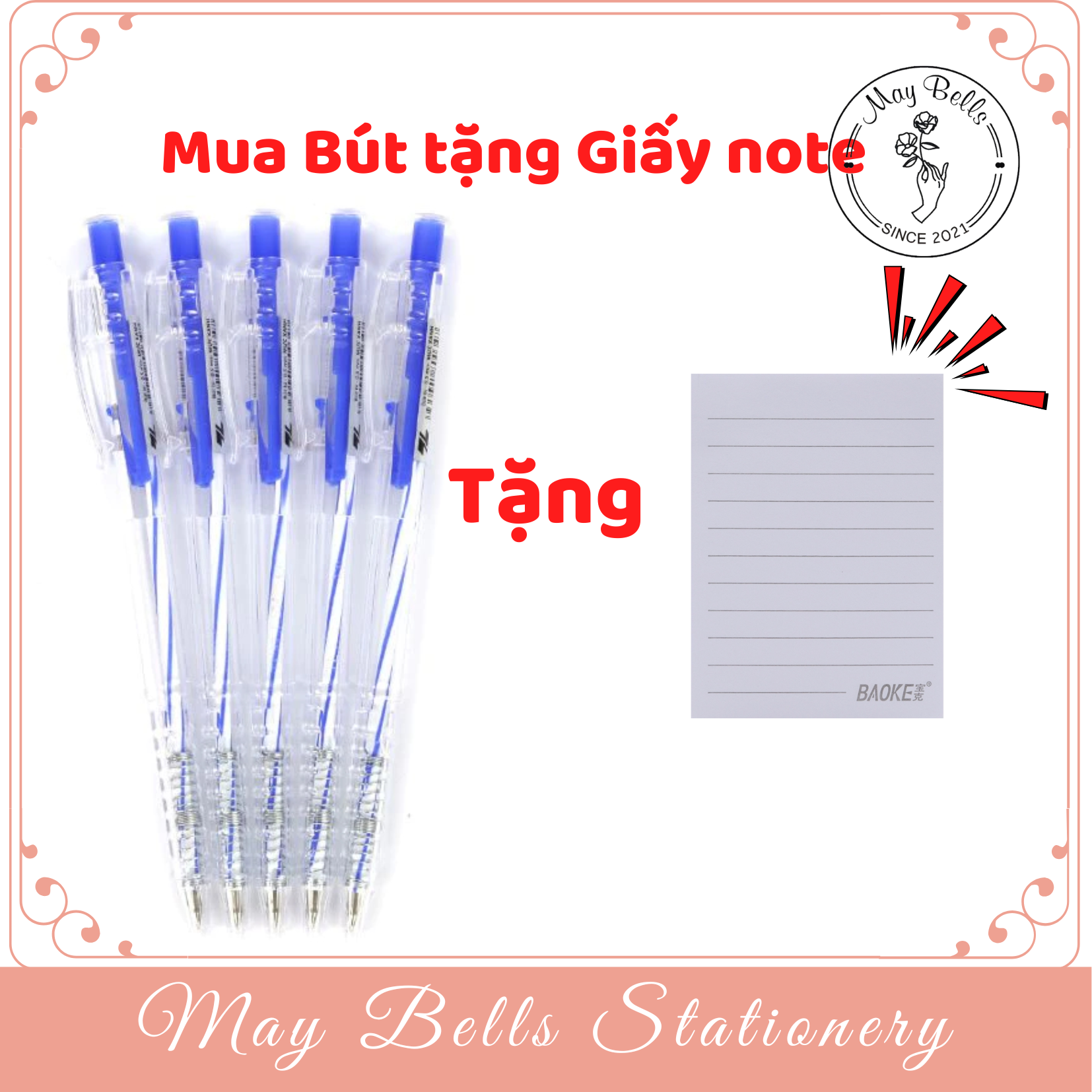 Combo 5 Bút bi thiên long TL027 (Xanh, đỏ, đen) ngòi 0.5mm tặng kèm giấy note