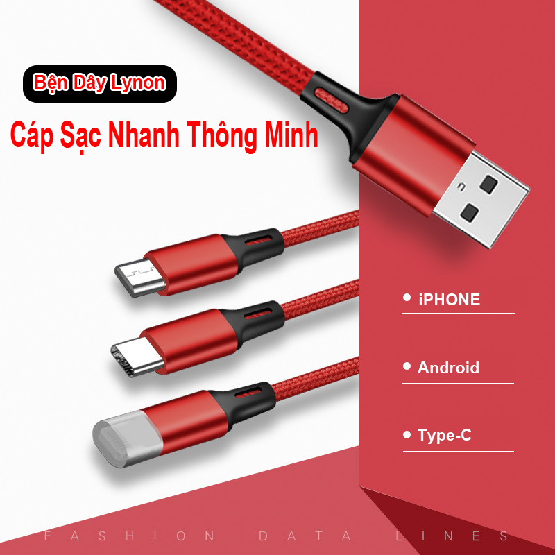 Cáp Sạc 3 đầu NHÔM dây dù Táo Android TypeC (V9)