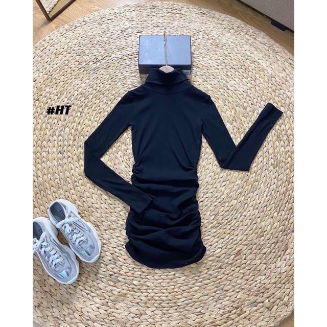 Váy body len cổ lọ rúm sườn