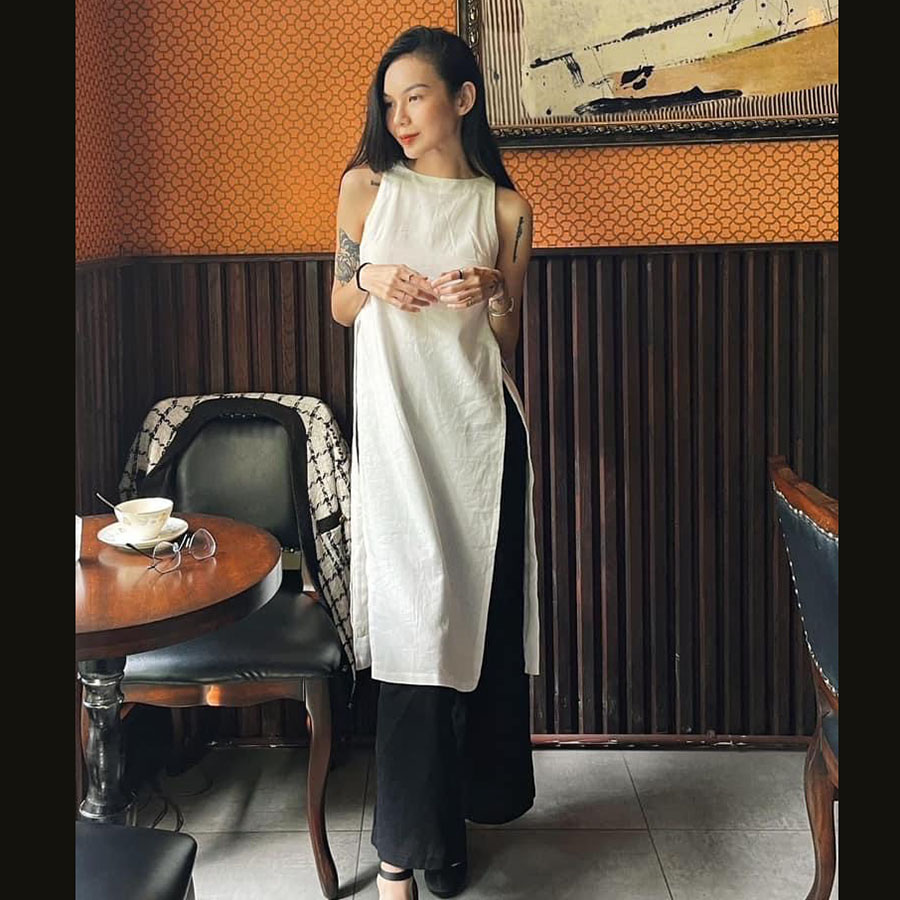 Áo dài cách tân Linen bột Premium không tay, chất vải Linen tự nhiên mộc mạc - Áo trắng, Quần đen