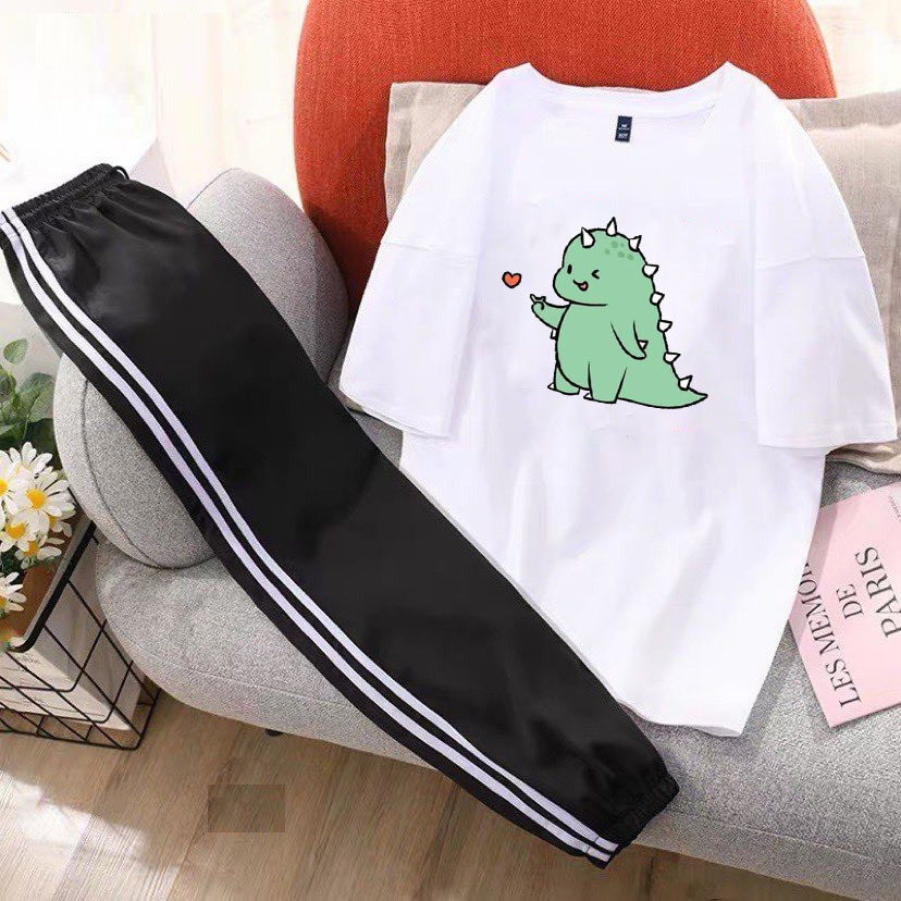 [Siêu Chất 36] Sét Bộ Đồ Quần Áo Thời Trang Nữ Ngắn Tay Đón Hè Xinh Cute Mặc Đi Chơi, Áo Cotton Organic In Hoạt Hình 3D Khủng Long Búng Tim Quần Thun Bo Chun Gấu