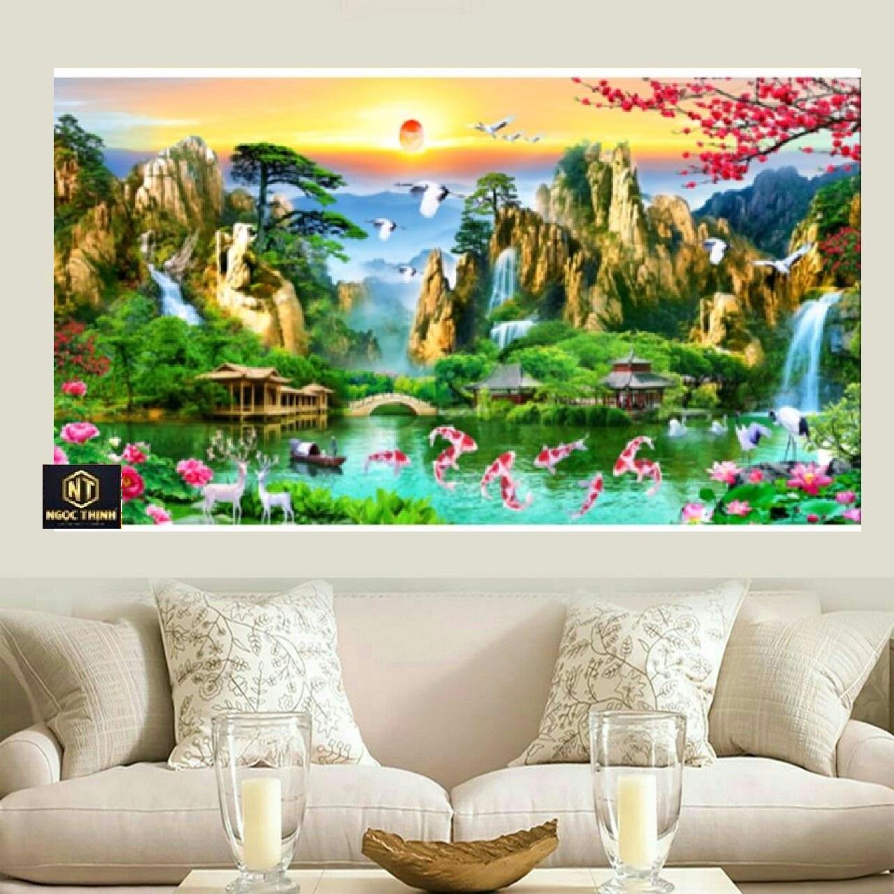 Tranh đính đá Phong cảnh Lưu Thủy Sinh Tài, ✅Mã tranh LV456, ✅Tranh hãng Lavender (LV), ✅Kích thước lớn 160x75 cm