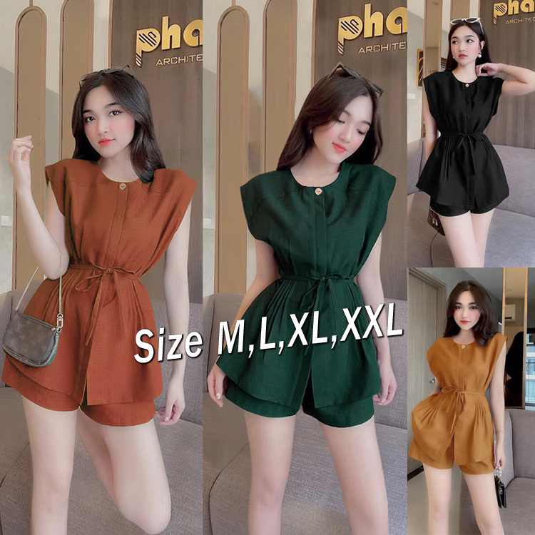 Sét nguyên bộ quần short áo tay chòm xếp ly eo