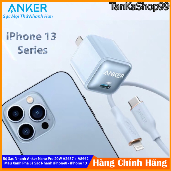 Bộ Sạc Nhanh Anker Nano Pro 20W A2637 + A8662 Màu Xanh Cho iPhone 13 / 13 Pro / 13 Pro Max