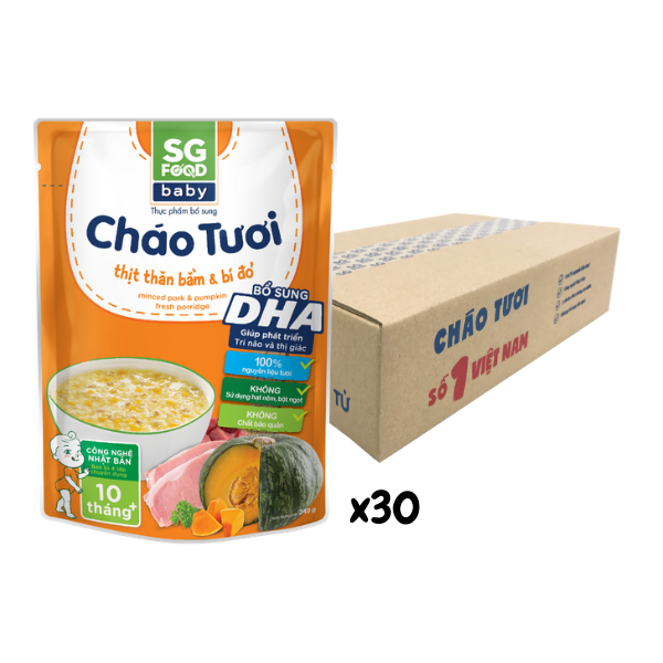 Thùng 30 Gói Cháo Tươi Baby Sài Gòn Food Thịt Thăn Bằm Bí Đỏ 240G