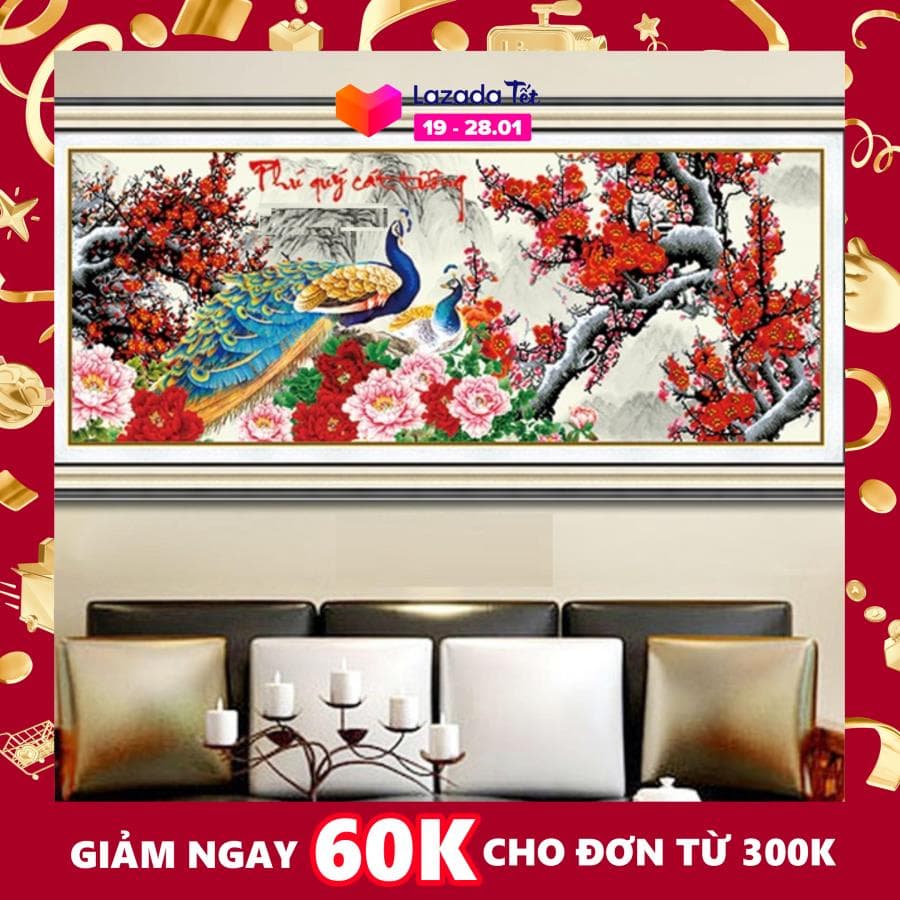 Tranh Đính Đá Đôi công phú Quý Cát Tường DF204 160x67cm