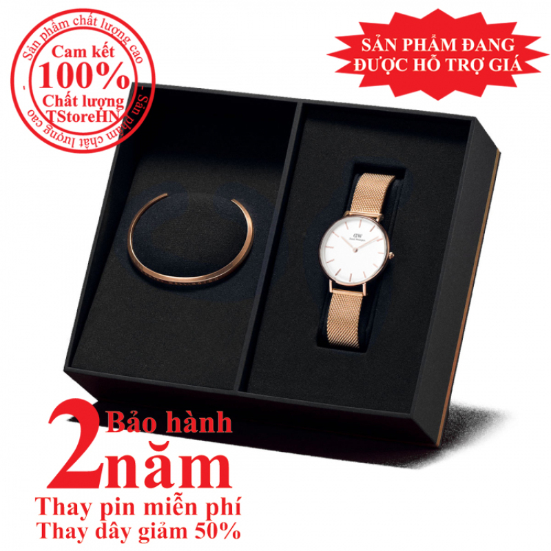 Hộp quà đồng hồ nữ  DW Petite Melrose 28mm (mặt trắng) + Vòng tay DW Cuff - màu Vàng hồng (Rose Gold) - DW005000198