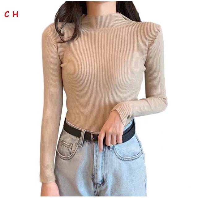 Áo Len Nữ vải tăm giữ nhiệt cổ 3 phân form ôm