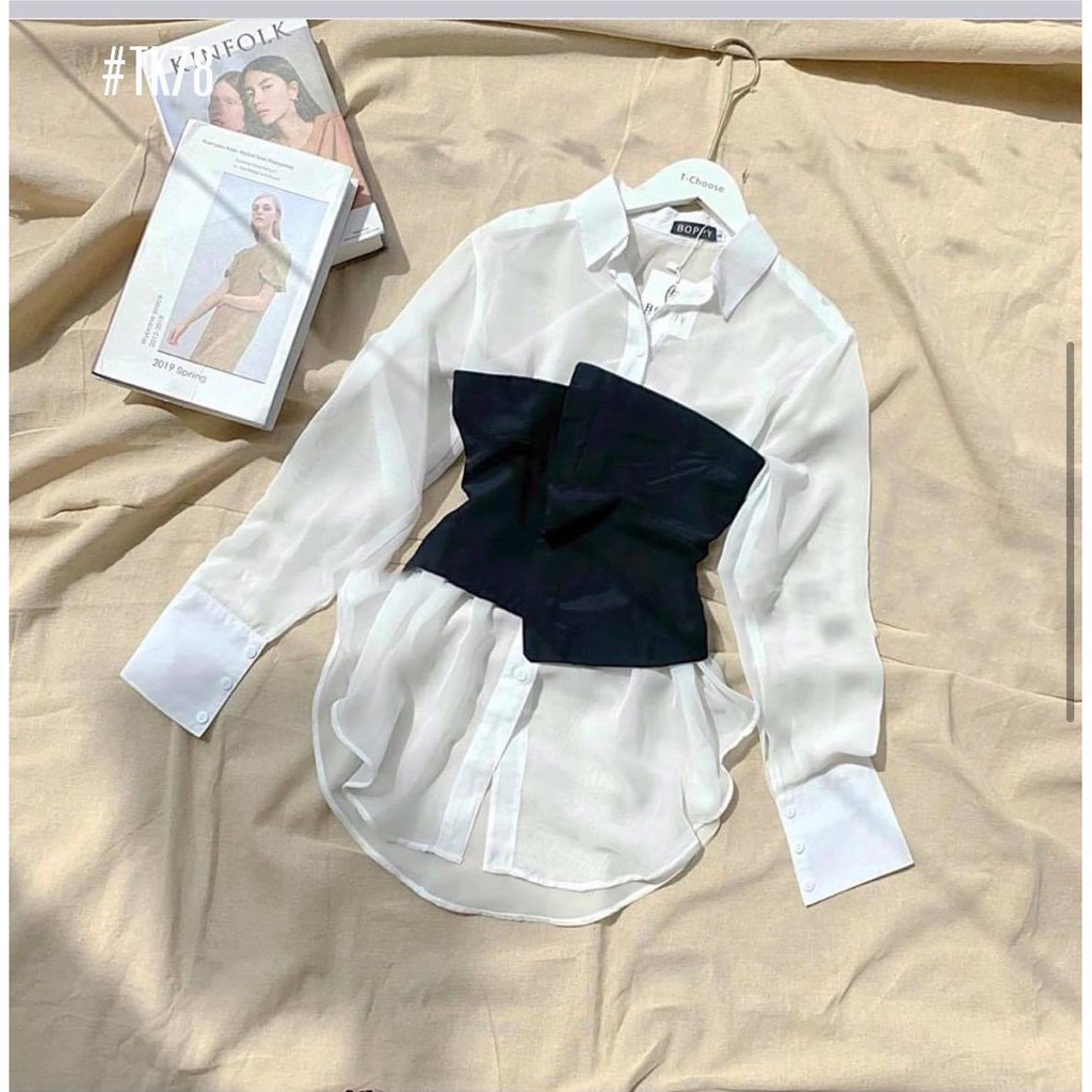 Áo sơ mi voan trắng cách điệu phối crop đen