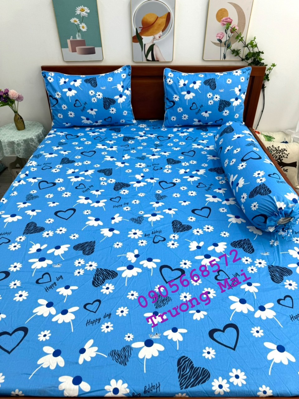 Bộ Chăn Ga và 3 áo gối 100% coton mềm mát thấm hút.