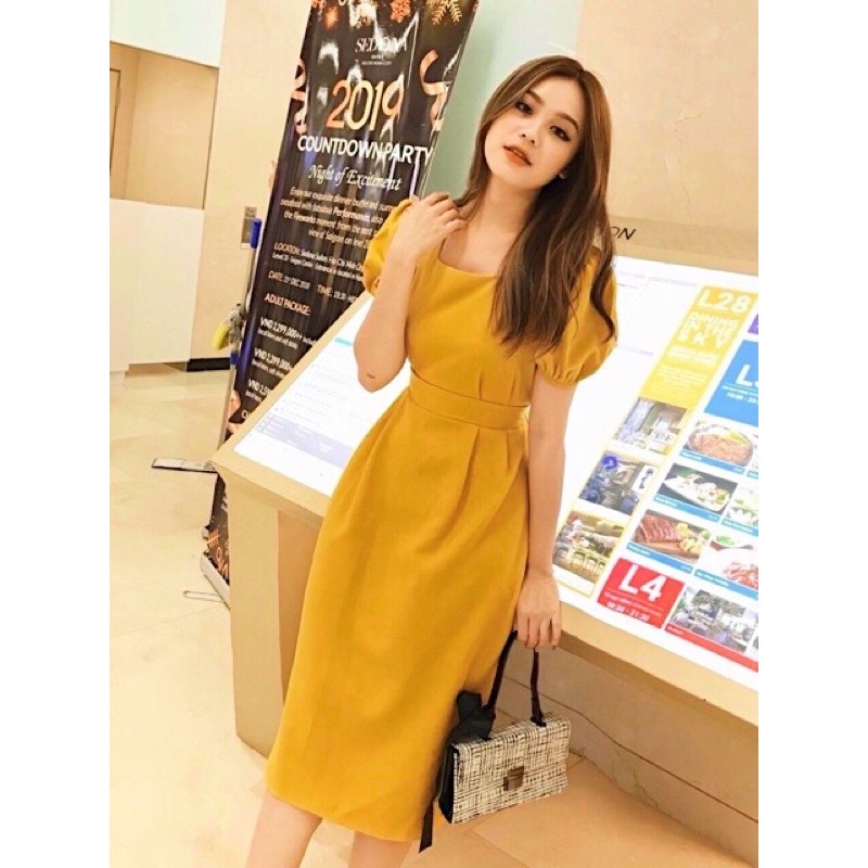 Đầm cổ vuông 2 màu cột nơ