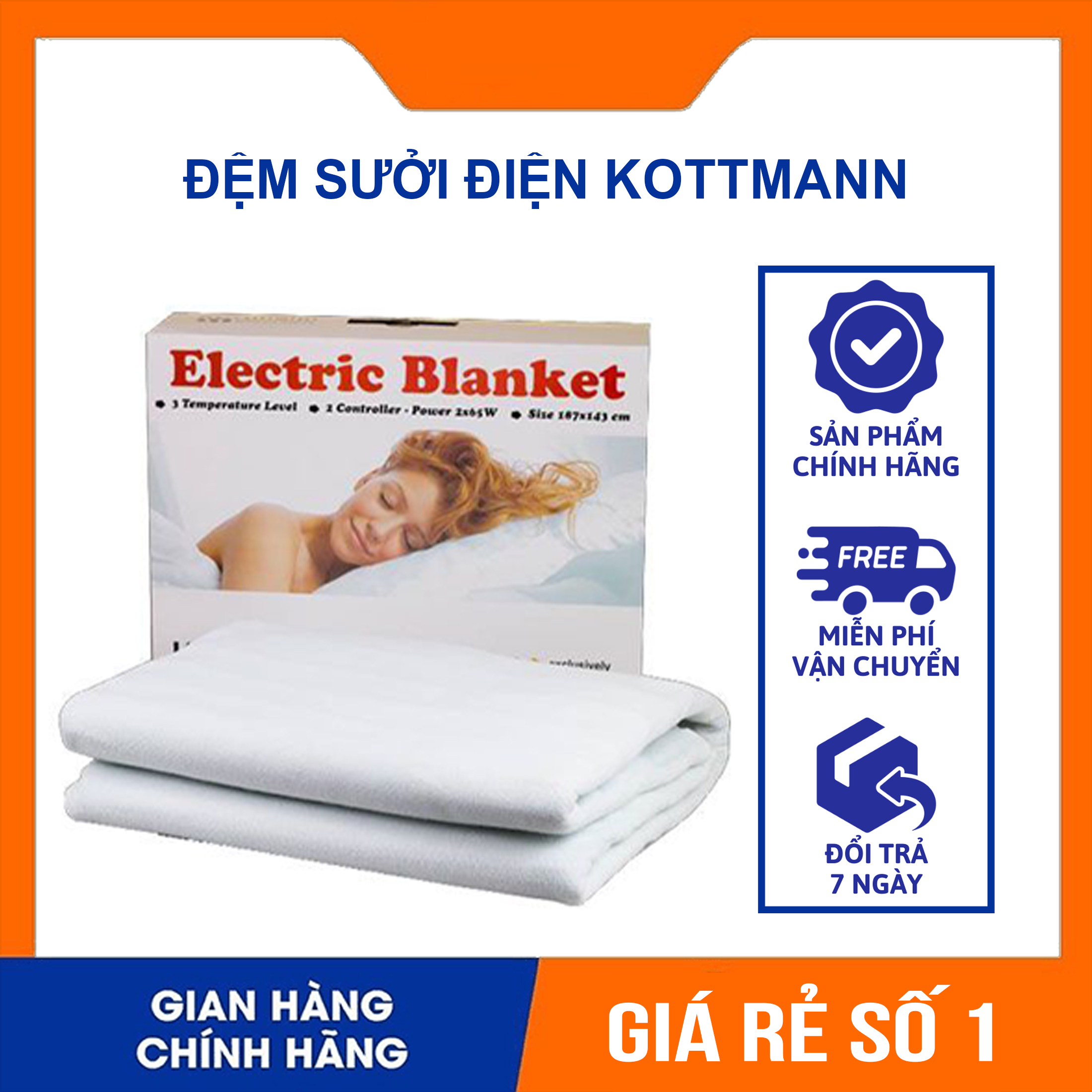 Đệm sưởi điện cao cấp Kottmann, Chăn sưởi điện thương hiệu Đức 3 mức nhiệt công suất 130W - chính hãng bải hành 12 tháng