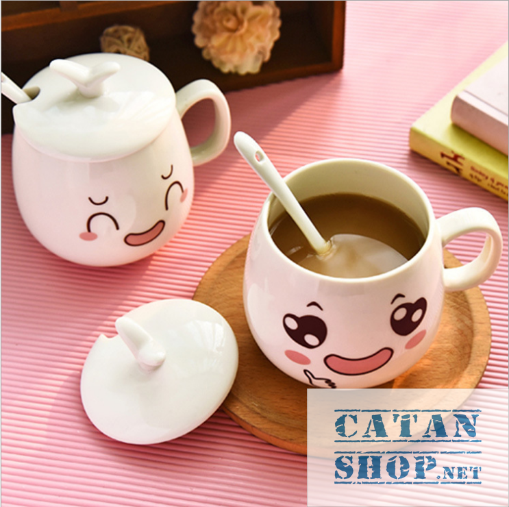 01 Cup ceramic cup with lid (attached spoon) the expressive super cute (delivery random pattern) HK062