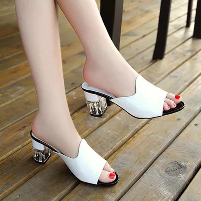 ( Bảo hành 12 tháng ) Dép gót vuông nữ gót Mika trong cao cấp - Gót vuông Mika cao 7cm - Dép nữ da bóng 2 màu Trắng và Đen - Linus LN1665 giá rẻ